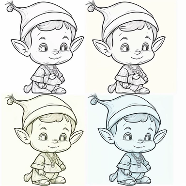 clip art coloring book page for toddler. four different images of an Elf. white background. simple line drawing. very low detail.