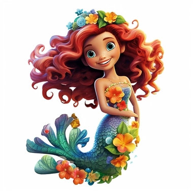 A beautiful smiling mermaid, highly detailed, long hair, beautiful flowers and coral, highly detailed tail, full body image, pixar style, clipart