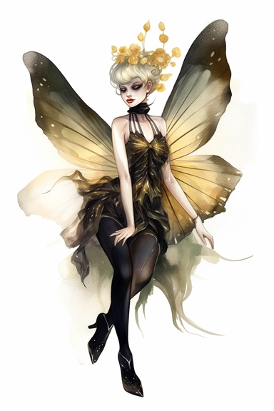 a watercolor of a pixie with butterfly style wing, Victorian Style, golden and black nuances, vector free clipart illustration, in the style of unreal engine 5, 32k uhd, detailed features, white background