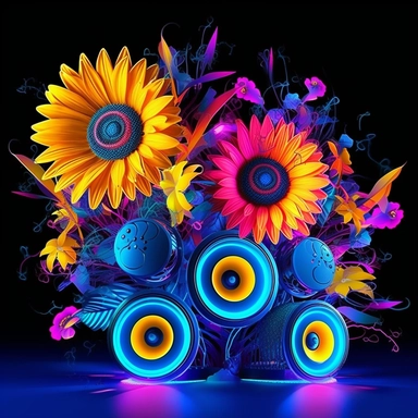 neon electric sunflowers and daisies with butterflies, music notes, music speakers, vinyl records, 3d clipart