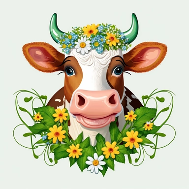 cow with a big smile and happy eyes, surrounded by flowers and green grass with cute cowbell around its neck clipart