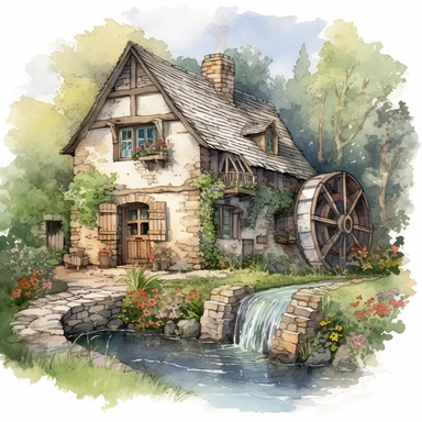 watercolor clipart artwork showcasing the beauty of an ancient medieval cottage surrounded by nature's tranquility. The cottage, situated alongside a calm and meandering river, features a charming waterwheel that turns gracefully, adding a touch of whimsy to the scene. The artist's meticulous attention to detail brings the rustic cottage to life, with textured stone walls, a thatched roof, and vibrant vegetation. Against a pure white background, the watercolor medium creates a soft and dreamy at