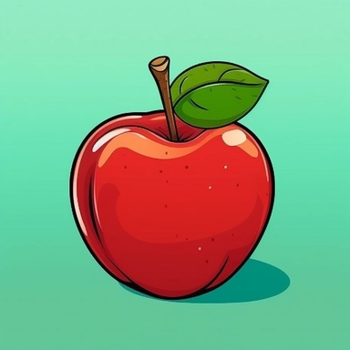 Create a clipart of a red apple with a green leaf attached at the top, placed on a plain, high contrasted background in a cartoon style. The apple should appear shiny and fresh with a crisp outline and bold colors, making it easy to recognize and suitable for use in various clipart projects.
