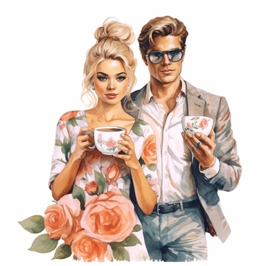 beauty couple drinking coffee, vintage cups, flower digital clipart on white background
