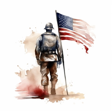 Watercolor Drawing Detailed Clipart of Depicting the soldier silhouette standing on a battlefield with the American flag waving in the background. This theme symbolizes the sacrifices made by soldiers in the line of duty. White background