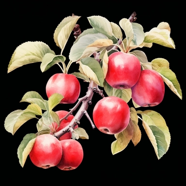 Watercolor apple hanging from a tree clipart, white background, realistic with high details, beautifully colored with strong palette pastel colors, 32k hd