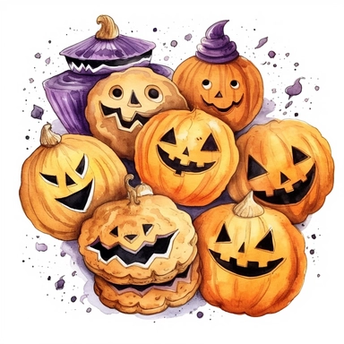 Ella bailey watercolour illustration with black gel pen outline style Halloween cookies, high definition, 8k, insanely detailed, fine detail, sharp focus, illustration, white background, isolated clipart vector