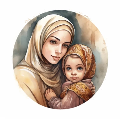 A portrait of a Muslim mother with her hijab carrying her child in her arms in a religious medallion watercolor clipart, realistic,high details, high quality