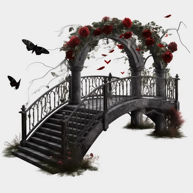 black Gothic Bridge Dark Fantasy Garden with red rose Clipart, white isolated background, space out, hd, 8k, realistic