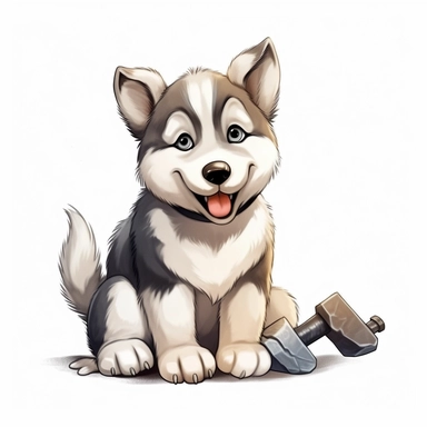Alaskan Malamute, cartoon clipart, wathercolor of art adorably puppy on white background, simple and Adorable little puppy sitting on the ground with a bone in its mouth, big eyes and a friendly expression, cleaning