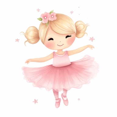 cute vector clipart of a super cute baby ballerina, pink dress, blonde dress, dancing, white background, , cute flowers, pastel colors, pastel colorwatercolor illustration