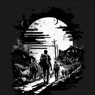 Creative graphic design, design, WW2, A group of soldiers with an M4 weapon, upper drone view, a tired faces, Walking in an open area in the middle of a refugee camp, lots of pipe bombs scattered in the area, full moon black and white, wrecked streets, dead body, explosions in the background, a war zone, scattered, on a refugee camp, war, dead people, dark sky, no hope, sepia colors, black and white, dark, deep pain, people in tremendous suffering, EPIC, Dark collage, clipart, graphic, illustrat