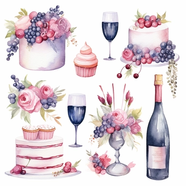 vector collection, wedding, feast, wine glasses, balloons, ribbons, party, happiness, wedding cake, bouquet, flowers, clipart, watercolor, 8k, white background.
