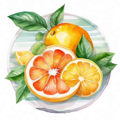 An Orange fruit with a slice cut out, placed on a plate or tray with other fruits or desserts , Watercolor, pastels, clipart, beautiful, colourfull, png transparent white background, high resolution, no caption q4 s2