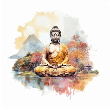watercolor style, buddha with realistic scenery clipart, isolated on white background, 4K