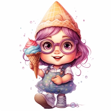 gnome girl summer smile and cute big eyes wear big glasses fat full body , eat ice cream summer , cute funny laugh detailed digital art, whimsical and cute, cute detailed artwork, glimmering, adorable and whimsical, whimsical art, watercolor Clipart style