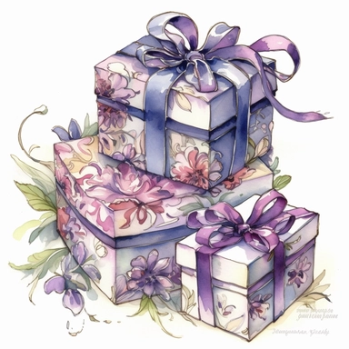 drawing of insanely beautiful floral patterned gift boxes, in the style of beatrice potter and jody Bergsma, tied with a purple silk bow,32k uhd, hand-painted details, pastoral illustrations, amazing colour combinations , aquarellist, hd , white background clipart ,-- no watermark--ar 27:37