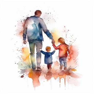 children holding father's hand, water color style, clipart, white background