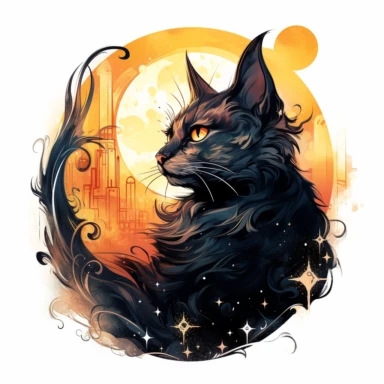 A beautifully painted cat with crescent moon behind it, hues of captivating orange, yellow and black, stunningly beautiful, refined and sophisticated, Hand drawn, Roberto Ferri, Clipart, beautifully colored with strong saturated pastel colors in a beautifully colored and fantasy magical fairytale mesmerizing style, emotionally pleasing watercolor style in the style, Pre-Raphaelitism,hyperrealism, 8k hd detailed quality on a white background