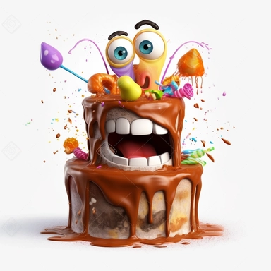 clipart of a messy two layer birthday cake, there is a funny face in the cake, candles, cartoon, for kids, funny, pixar, 8k, white background, sharp focus, detailed,