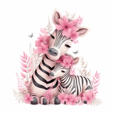 cute pink floral illustration, realistic adorable one baby cute zebra hugging his cute mom, happy clipart, nursery style clipart, nursery animal art, kids wall art, baby room decor, isolated on white, ultra - detailed, high quality, ghibli style, award winning