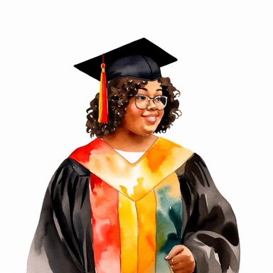 watercolor fat black female student graduation clipart on a white background