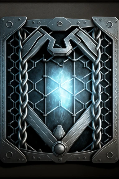 grungy metallic Flat coloured card design of a symmetric thick silver chain link icon cardback , cartoony clipart card design, Logo, glowing Gundam visor magic spell icon, little-flat Graphic Design , grey metal grid background