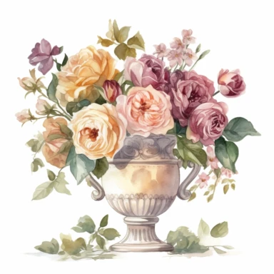 Design a watercolor clipart vignette of roses in a vase, showcasing the elegance and charm of these flowers in the Michelangelo-inspired Watercolor Haven style on a white background. The rich color palette, intricate details, and harmonious composition make this design suitable for various creative endeavors.