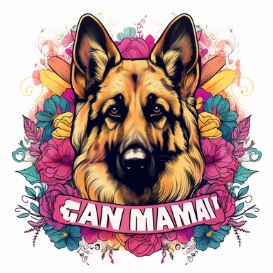 german shepherd dog surrounded by bold colorful flowers, with a scroll that says german shepherd mama, clipart style