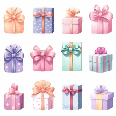 Set of gift box clipart, gift clipart, pastel color, minimal, white background for remover