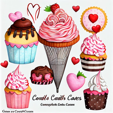 valentines day treats, cupcakes, chocolate candy, ice cream soda, cakes and cookies clipart set, hand-drawn,