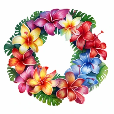 Hawaiian Lei, watercolor, white background, high detail, unique, intricate detail, hand - painted Sublimation Clipart,Cartoon,hyper realistic, intricate detail, illustration style,high solution,on the white background