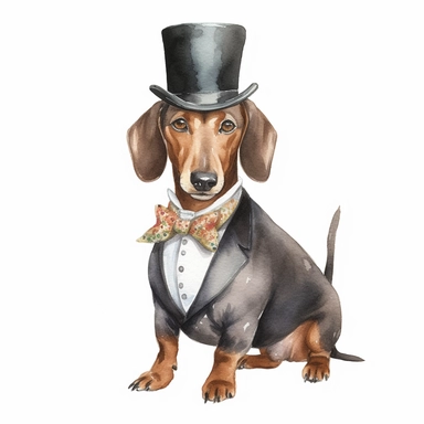 men 's bowler hat dachshund clipart, full body isolated white background, watercolor, hyper detail illustration by Marjolein Bastin