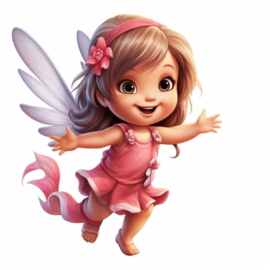 a happy baby fairy girl, pink flowered dress, long hair in ponytails, blue eyes, full body image, big wings, pixar style, clipart, white background,