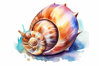 Watercolor, Design an image featuring a jingle shell, highlighting its shiny and bell-like appearance, clipart, hd, on a white background, spaced out