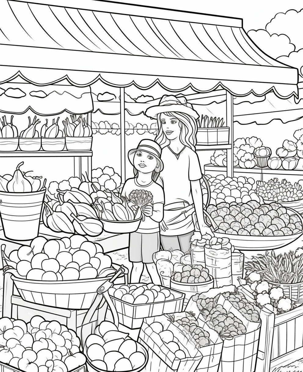 Design a coloring page featuring a bustling farmer's market. Depict ...