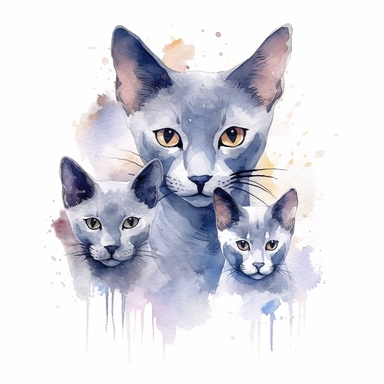 Korat Cat family, watercolor, sharp illustration clipart, insane detail, white background