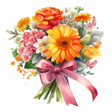 beautiful, bright colors, [Zinnia,Marigold,Rose,Sunflower,Daisy, floral bouquet] with a pink tied bow ribbon, watercolor, clipart,cinematic, dramatic, realistic, very detailed, white background, clipart, medium image size ,