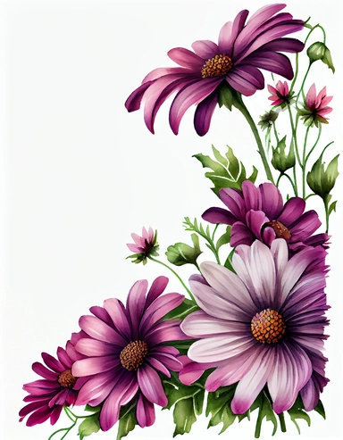 detailed watercolor purple daisy corner border , isolated on white background, realistic, clipart