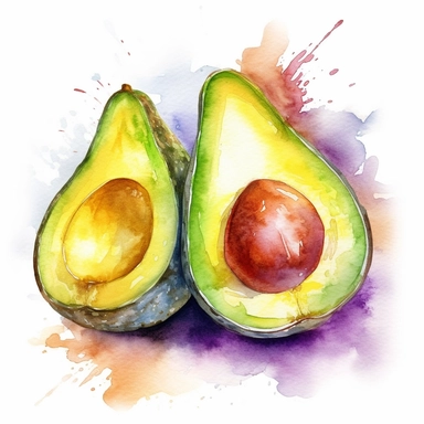 Watercolor clipart of Avocado in the style of ethereal watercolor washes, strong watercolor paper texture,intuitive ink washes , multi-layered, lith printing, havencore, texture-based, isolated on white background