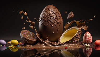 easter eggs gently sink into liquid chocolate, strawberry, chocolate bar, chocolate eggs, photo clipart, background, delicious, studio photographic light, many intricate details, harmonious composition, volumetric lighting, professional luxury food photographer, photographic lighting + f2. 8 80mm lens, lots of intricate details, canon, sharp focus, ureal photo realism, hyper-realism