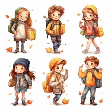 watercolor, Set of boys and girls going to elementary or middle school Happy pupils holding books surrounded by autumn leaves isolated on white. Collection of children with backpacks or bag png Full body realistic cartoon in 32K UHD cute. 15 cm thick outline. Black color. There was no shadow on the ground. 8k with realistic watercolors and detailed illustrations. PNG clipart, transparent white background