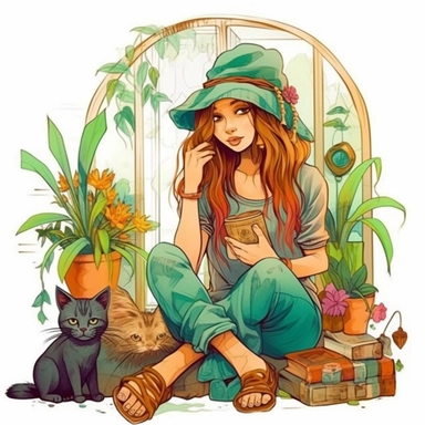 A boho style realistic cute boho girl with a cute cat at the boho style home with watercolor effect,boho style tools,boho style big window,boho style details,boho colors,suitable for digital clipart,white background,boho style green plants,boho flowers,realistic features Clipart ,Cartoon,hyper realistic, intricate detail, illustration style,high solution,on the white background