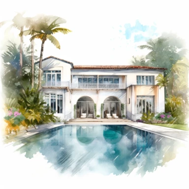 one watercolor villa, clipart, wedding venue, big windows, pool, miami style, white background