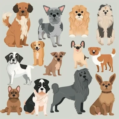set of dog clipart that can be used for a range of products, such as stickers, merchandise, or social media graphics. The clipart should include a variety of dog breeds, including popular breeds such as Golden Retrievers, Labrador Retrievers, and Bulldogs, as well as lesser-known breeds such as Basenjis, Tibetan Mastiffs, and Whippets. The clipart should be cute and playful, with each breed depicted in a unique and recognizable way. Consider incorporating accessories such as collars, leashes, an