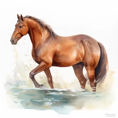 A clipart that shows a majestic brown horse in a graceful pose on a white background. The horse's body is elegantly curved to emphasize its beauty and grace. It may be standing on a slight hill or in an idyllic landscape. The water colors give the clipart a soft and flowing look. The colors can be soft and pastel to create a calm atmosphere. Use different shades of blue for the background to create a natural water or sky look. The contours of the horse are subtle and well defined to clearly show