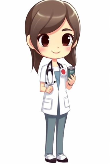 cute cartoon girl dressed in a medical uniform with a stethoscope around her neck on a white background, holding a coffee cup in one hand, in the style of xiaofei yue, clip art, light white and dark amber, whitcomb-girls, animated gifs, oshare kei, alex hirsch, high quality, miniaturecore, flower power, emotive gestures, cute and dreamy, kawaii, chibi, close up