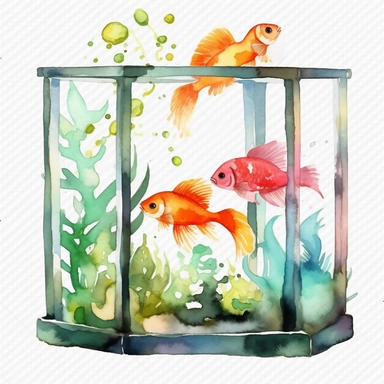 Watercolor fish tank clipart, white isolated background, space out, hd