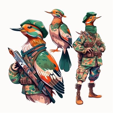 Boho style illustration, clipart, sublimation drawing Mandarin space ducks in military uniform and with weapons. Bright colorful colors on a white background, high quality 8k, quality detail