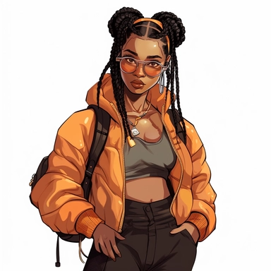 trendy black girl wearing streetwear, cartoon style, clipart